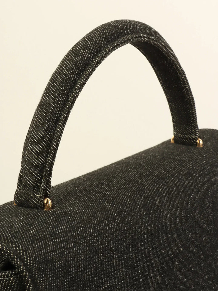 Chanel Around 1998 Made Denim Turn-Lock Top Handle Bag Black