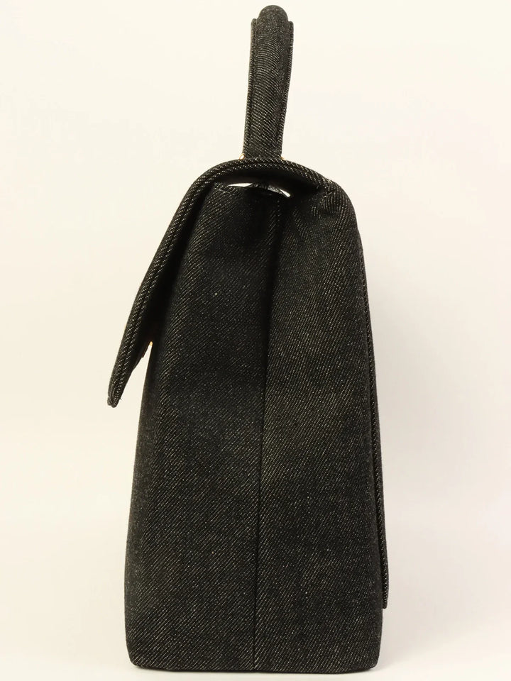 Chanel Around 1998 Made Denim Turn-Lock Top Handle Bag Black