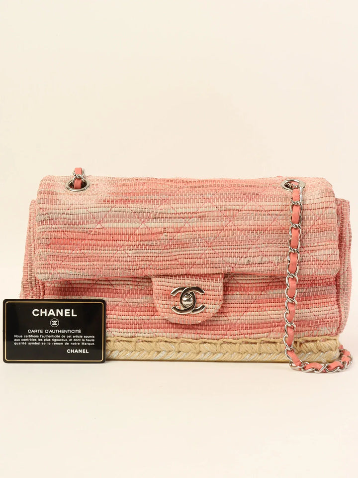 Chanel Around 2010 Made Linen Leather Combination Turn-Lock Chain Bag Pink/Beige