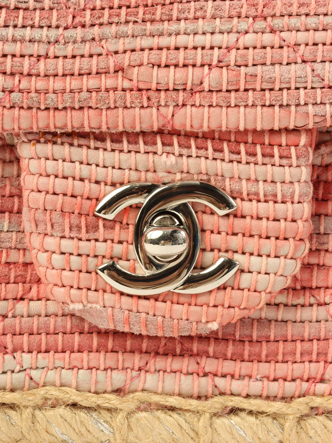 Chanel Around 2010 Made Linen Leather Combination Turn-Lock Chain Bag Pink/Beige