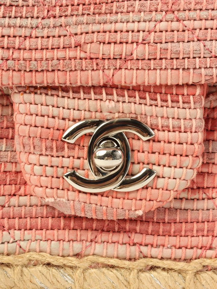 Chanel Around 2010 Made Linen Leather Combination Turn-Lock Chain Bag Pink/Beige