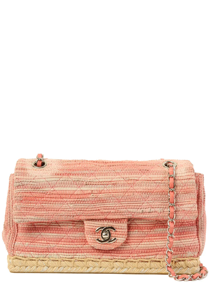 Chanel Around 2010 Made Linen Leather Combination Turn-Lock Chain Bag Pink/Beige