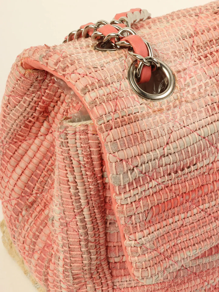 Chanel Around 2010 Made Linen Leather Combination Turn-Lock Chain Bag Pink/Beige
