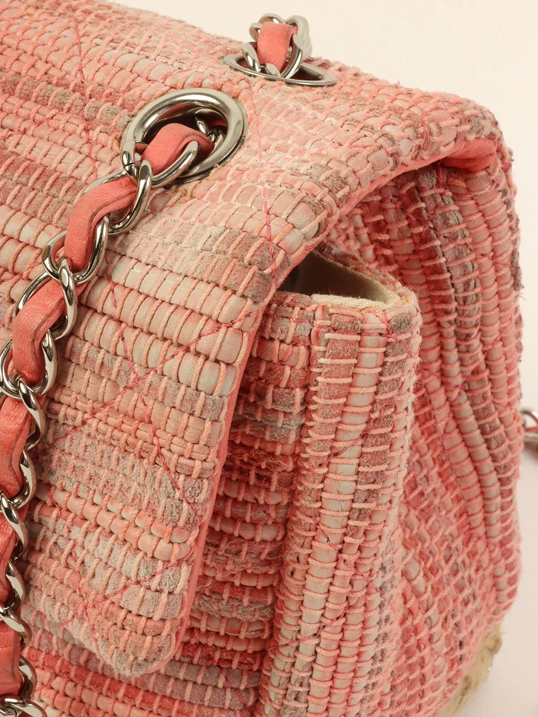 Chanel Around 2010 Made Linen Leather Combination Turn-Lock Chain Bag Pink/Beige
