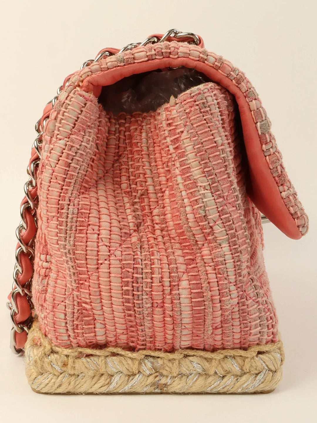 Chanel Around 2010 Made Linen Leather Combination Turn-Lock Chain Bag Pink/Beige