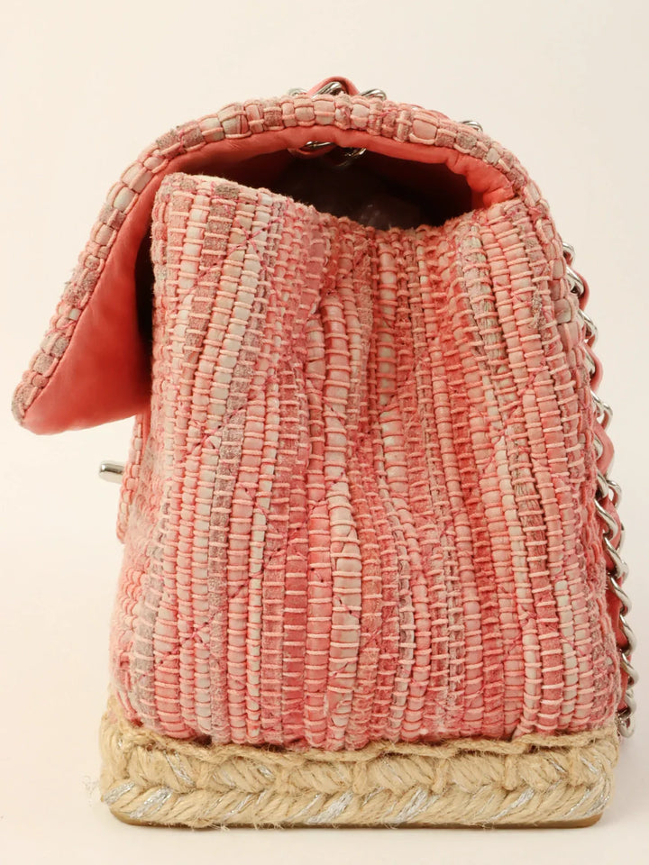 Chanel Around 2010 Made Linen Leather Combination Turn-Lock Chain Bag Pink/Beige