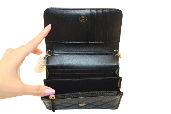 Top Quality Chanel Black Quilted Calfskin Leather Wallet with Pearl Chain