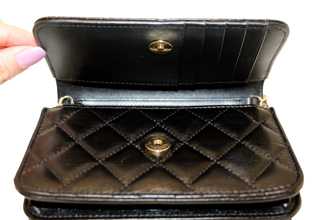 Top Quality Chanel Black Quilted Calfskin Leather Wallet with Pearl Chain