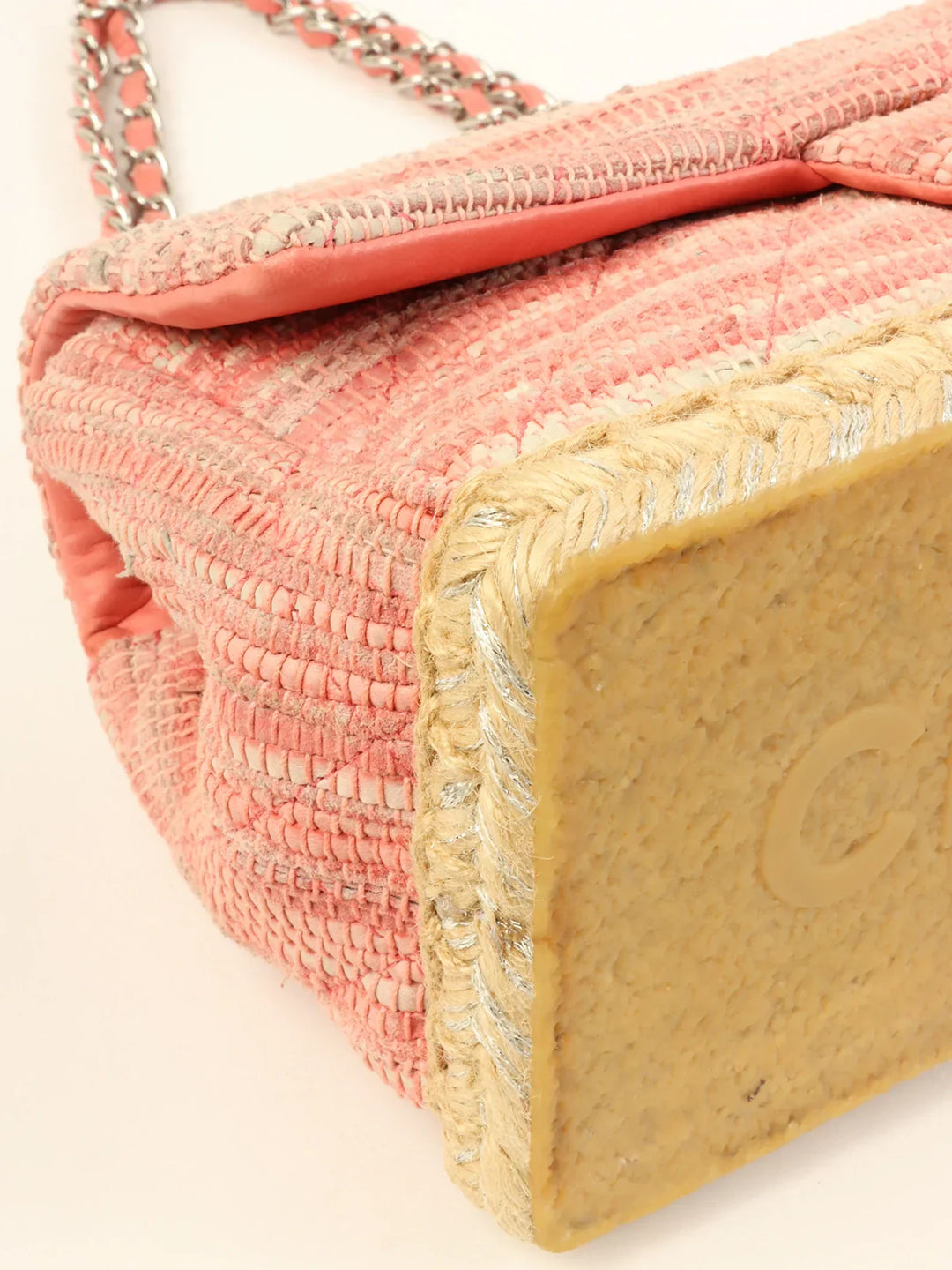 Chanel Around 2010 Made Linen Leather Combination Turn-Lock Chain Bag Pink/Beige