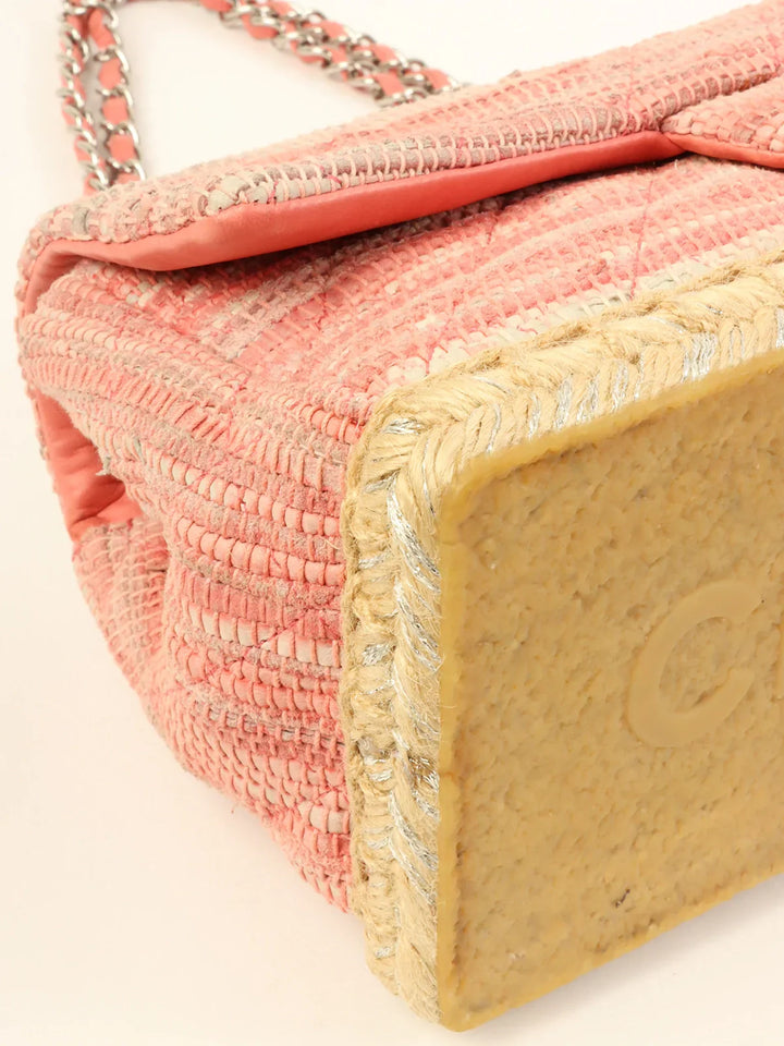 Chanel Around 2010 Made Linen Leather Combination Turn-Lock Chain Bag Pink/Beige