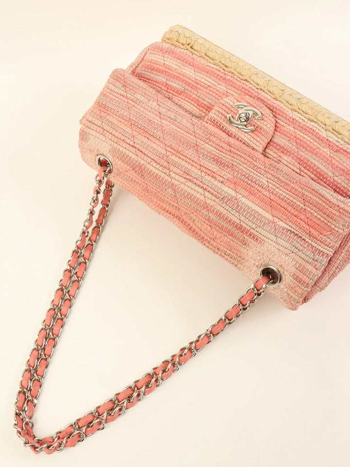 Chanel Around 2010 Made Linen Leather Combination Turn-Lock Chain Bag Pink/Beige