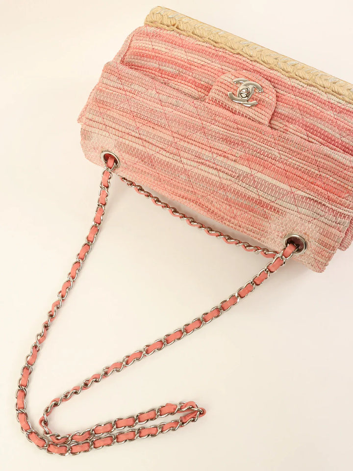 Chanel Around 2010 Made Linen Leather Combination Turn-Lock Chain Bag Pink/Beige