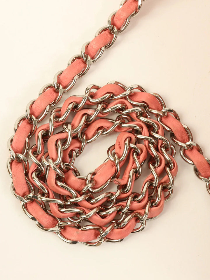 Chanel Around 2010 Made Linen Leather Combination Turn-Lock Chain Bag Pink/Beige