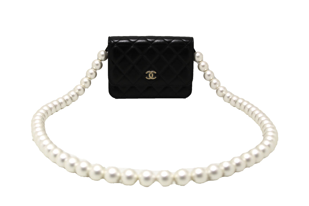 Top Quality Chanel Black Quilted Calfskin Leather Wallet with Pearl Chain