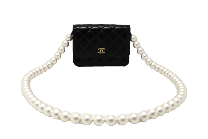 Top Quality Chanel Black Quilted Calfskin Leather Wallet with Pearl Chain