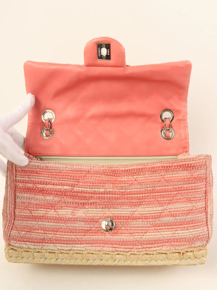 Chanel Around 2010 Made Linen Leather Combination Turn-Lock Chain Bag Pink/Beige