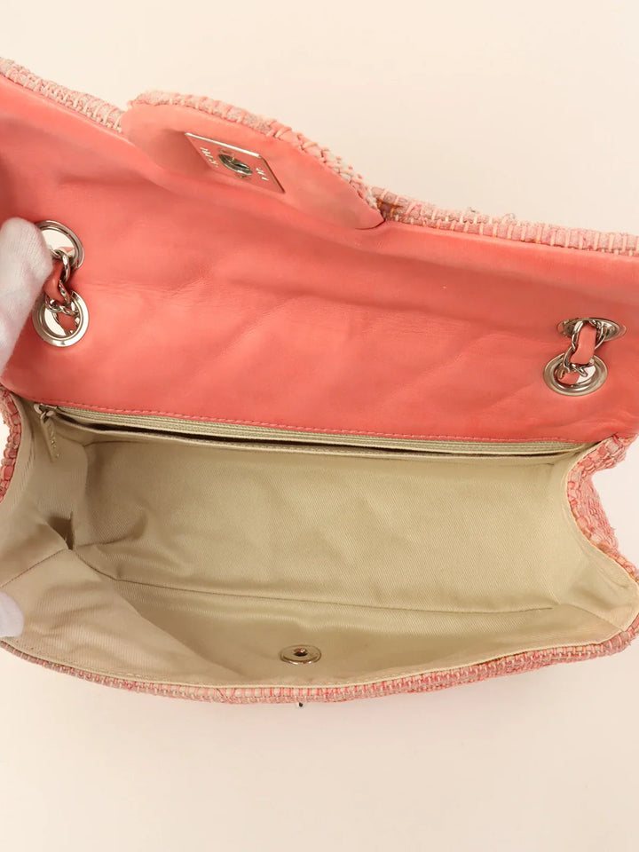 Chanel Around 2010 Made Linen Leather Combination Turn-Lock Chain Bag Pink/Beige