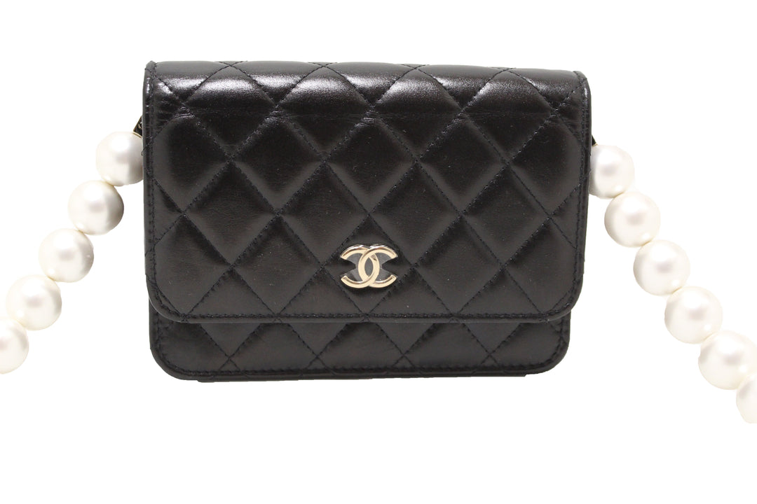 Authentic chanel black quilted calfskin leather wallet with pearl chain | Shop Now at Italystation.com