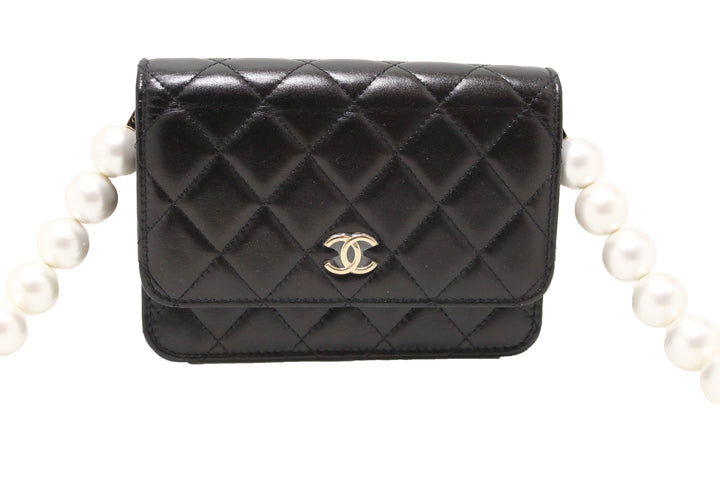 Authentic chanel black quilted calfskin leather wallet with pearl chain | Shop Now at Italystation.com