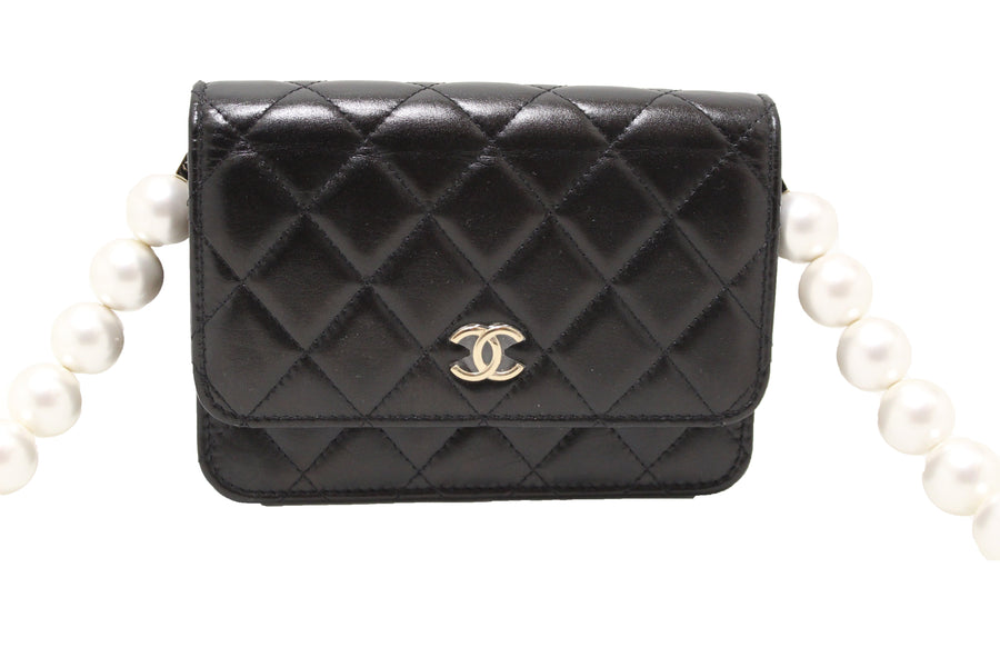 Authentic chanel black quilted calfskin leather wallet with pearl chain | Shop Now at Italystation.com
