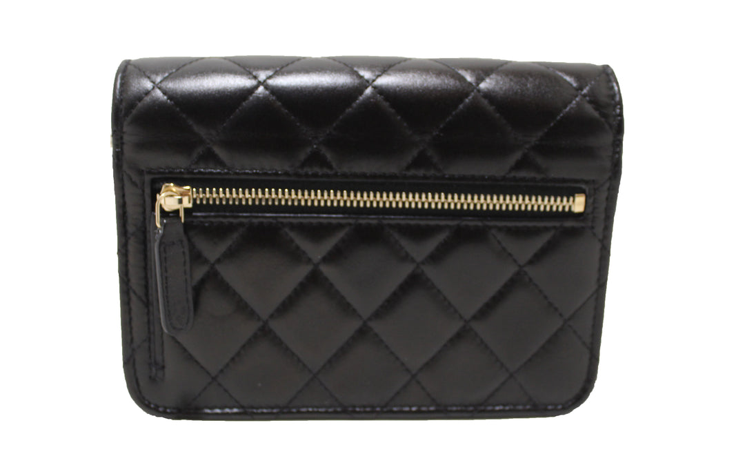 Top Quality Chanel Black Quilted Calfskin Leather Wallet with Pearl Chain