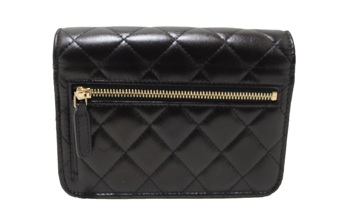 Top Quality Chanel Black Quilted Calfskin Leather Wallet with Pearl Chain