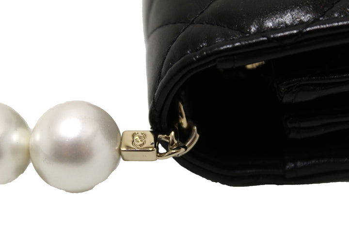 Top Quality Chanel Black Quilted Calfskin Leather Wallet with Pearl Chain