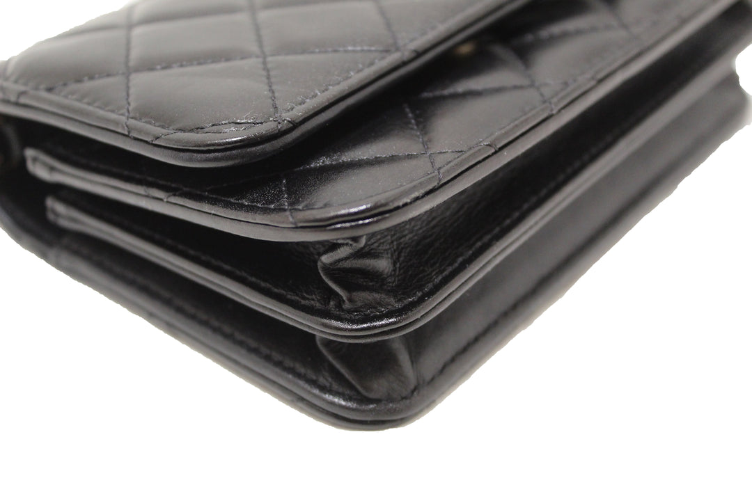 Top Quality Chanel Black Quilted Calfskin Leather Wallet with Pearl Chain