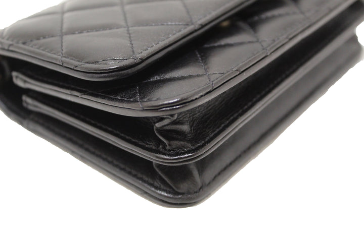 Top Quality Chanel Black Quilted Calfskin Leather Wallet with Pearl Chain