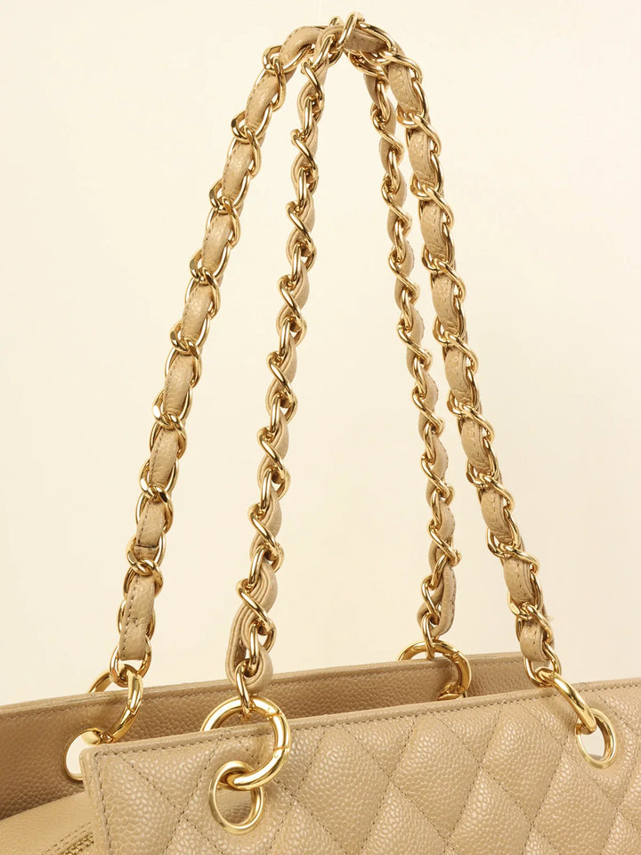 Chanel Around 2001 Made Caviar Skin Cc Mark Stitch Chain Tote Bag Greige