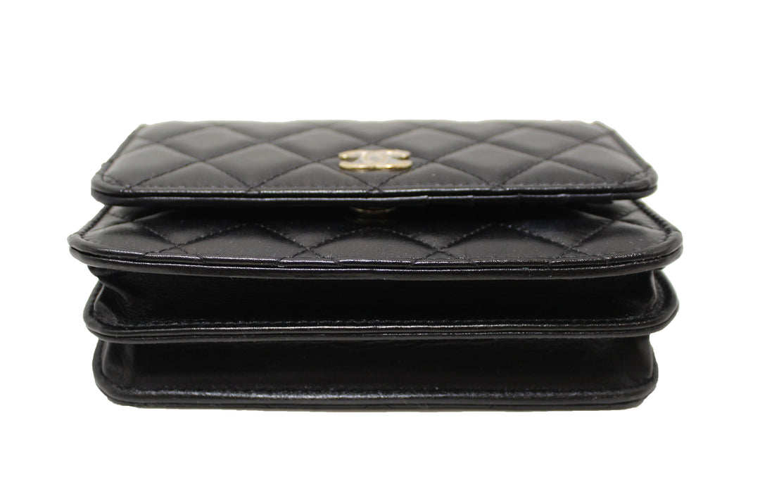 Top Quality Chanel Black Quilted Calfskin Leather Wallet with Pearl Chain