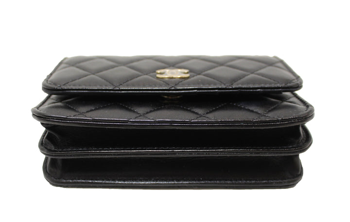 Top Quality Chanel Black Quilted Calfskin Leather Wallet with Pearl Chain