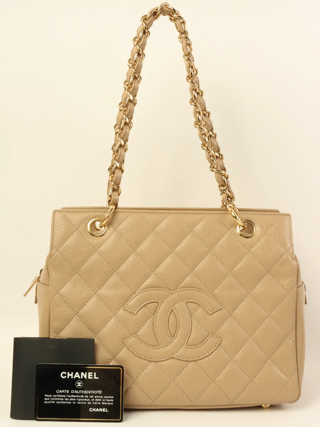 Chanel Around 2001 Made Caviar Skin Cc Mark Stitch Chain Tote Bag Greige