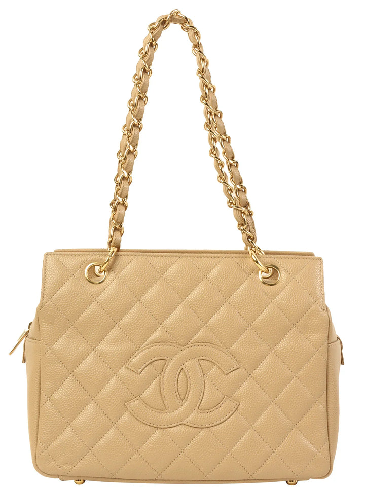 Chanel Around 2001 Made Caviar Skin Cc Mark Stitch Chain Tote Bag Greige