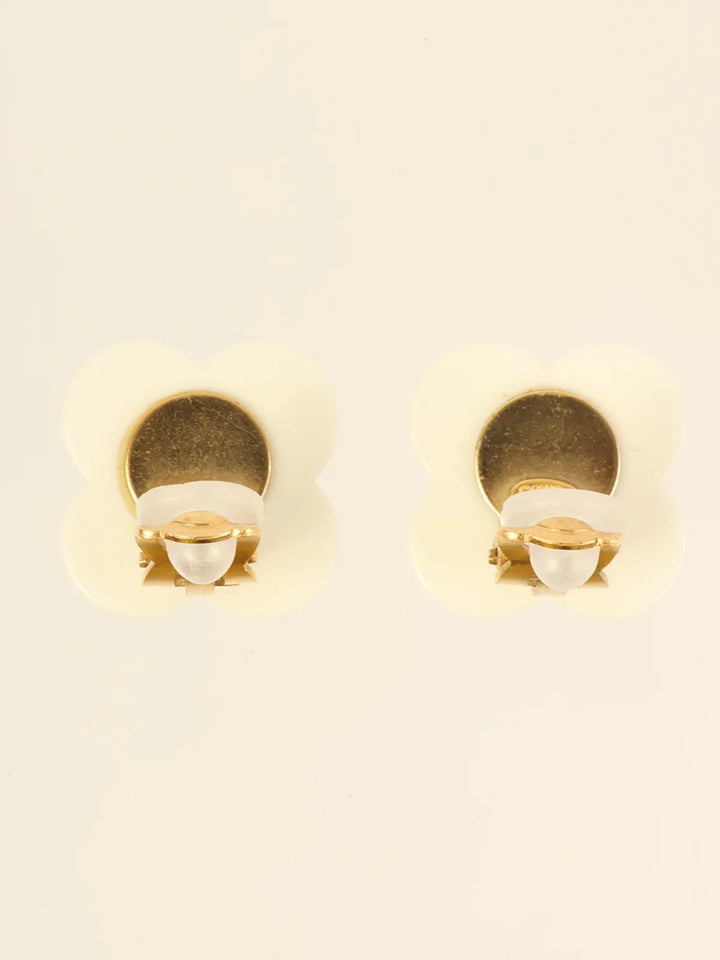 Chanel 2002 Made Clover Cc Mark Earrings White/Gold