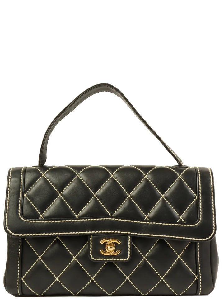 Chanel Around 2004 Made Wild Stitch Turn-Lock Top Handle Bag Black