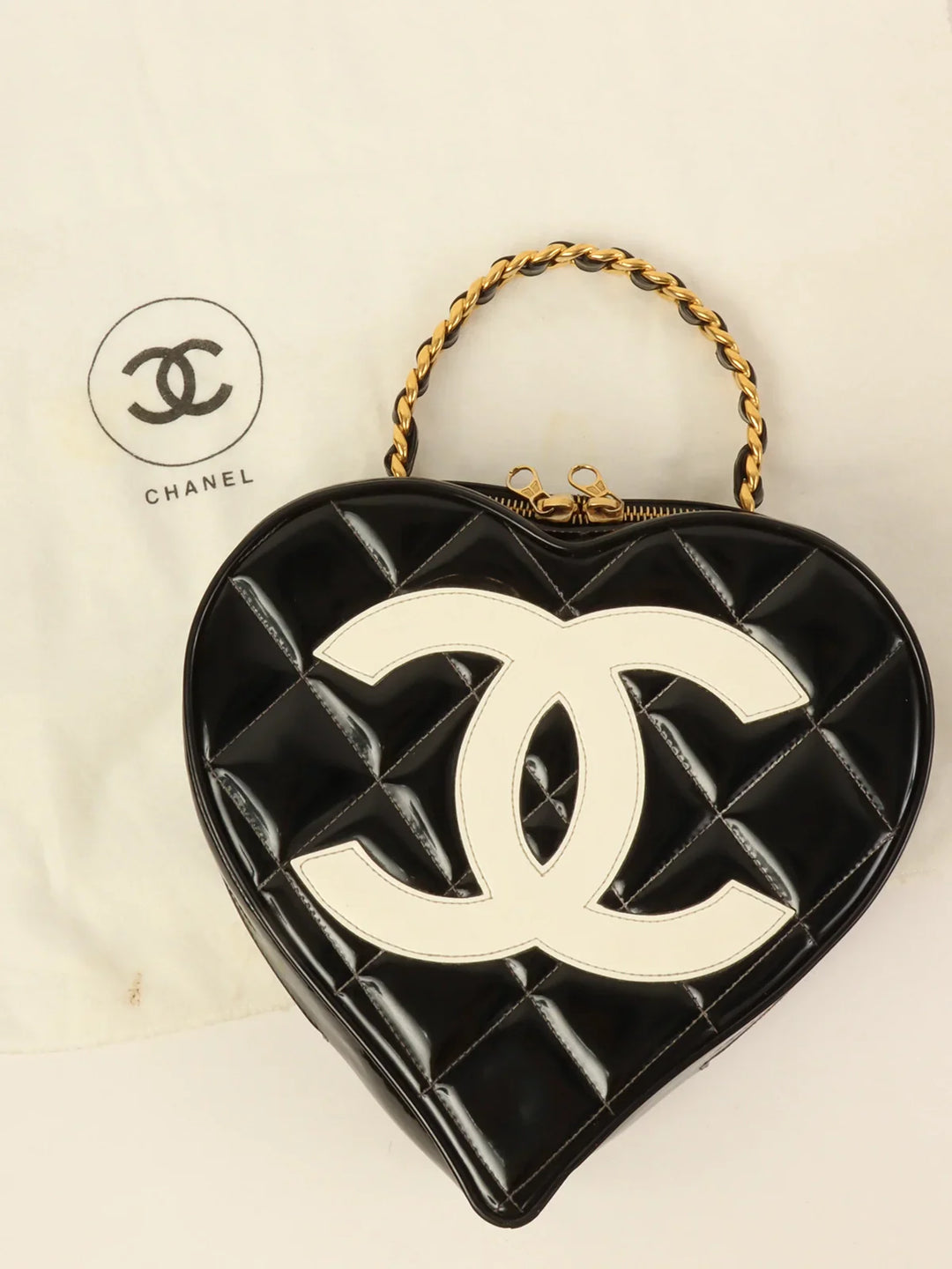 Chanel Around 1995 Made Patent Heart Cc Mark Stitch Vanity Black/White