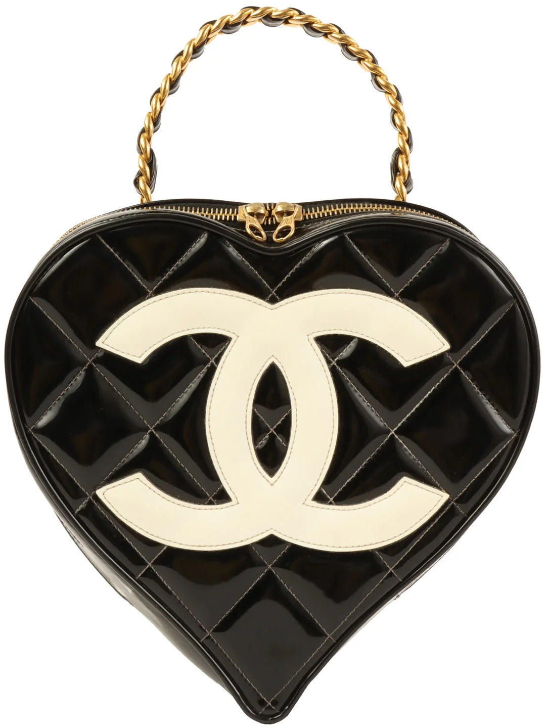 Chanel Around 1995 Made Patent Heart Cc Mark Stitch Vanity Black/White