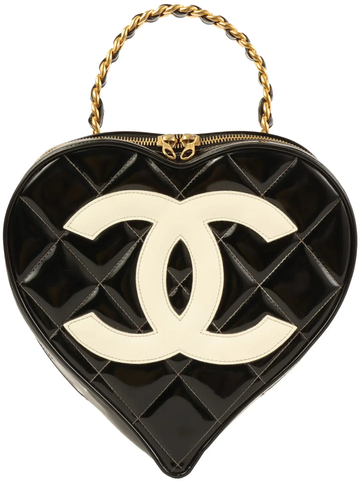 Chanel Around 1995 Made Patent Heart Cc Mark Stitch Vanity Black/White