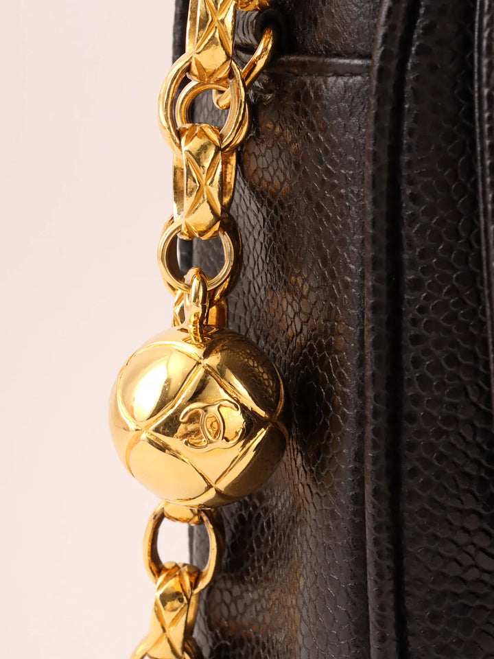 Chanel Around 1992 Made Caviar Skin Cc Mark Stitch Ball Charm Bijoux Chain Bag Black