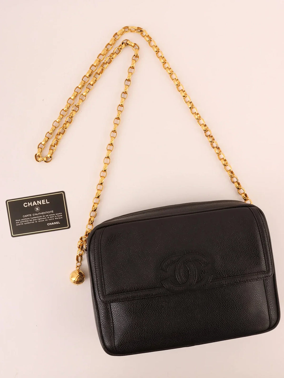 Chanel Around 1992 Made Caviar Skin Cc Mark Stitch Ball Charm Bijoux Chain Bag Black
