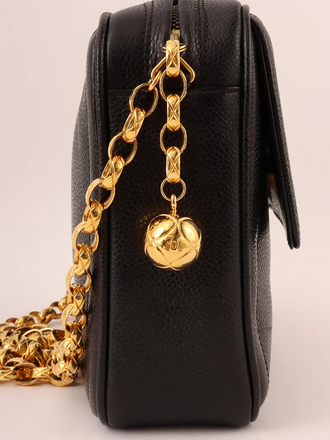 Chanel Around 1992 Made Caviar Skin Cc Mark Stitch Ball Charm Bijoux Chain Bag Black