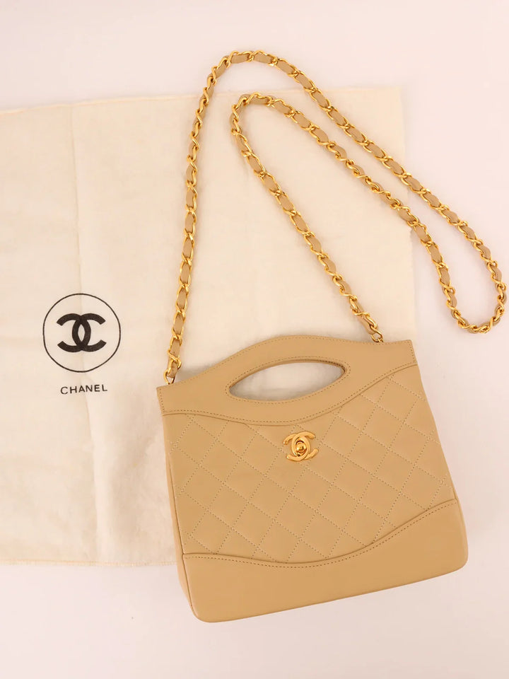 Chanel Around 1990 Made Turn-Lock 2Way Chain Bag Mini Beige