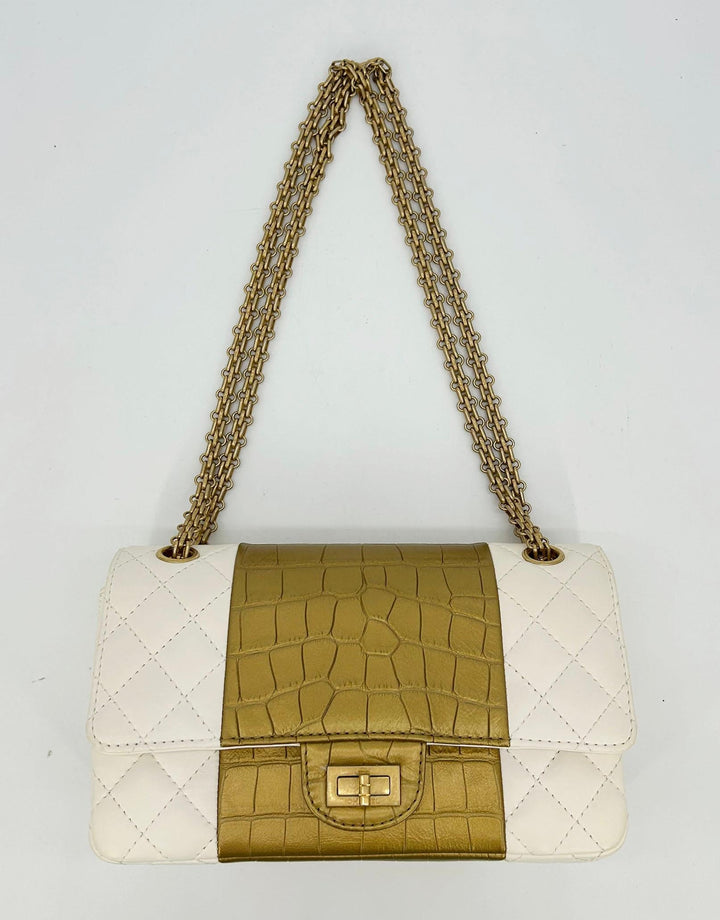 Chanel NEW Cream Leather Gold Alligator Double New Classic 2.55 Reissue NWT