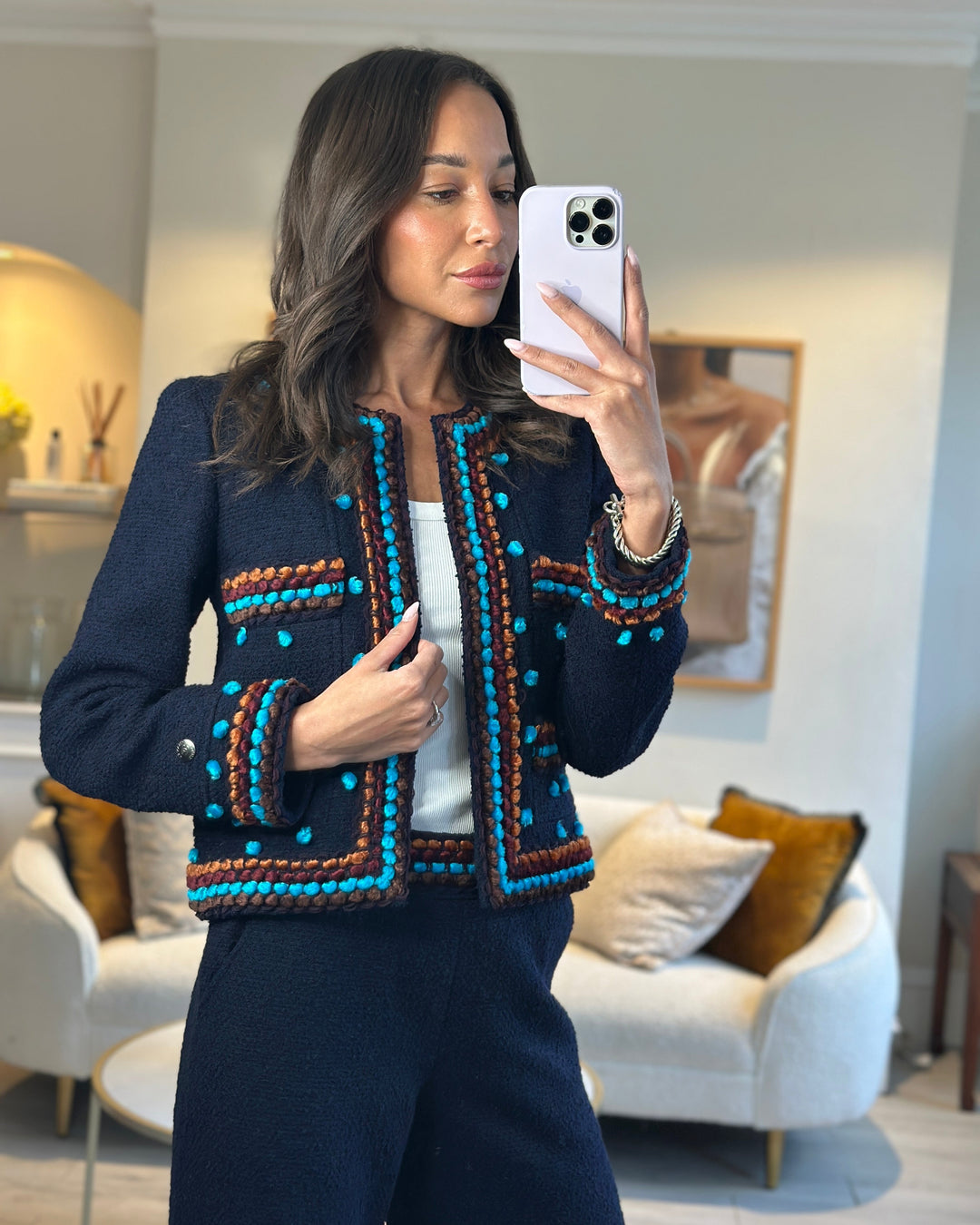 Top Quality Chanel for Bergdorf Newman AW/97 Navy Boucle Cropped Jacket with Matching Trousers Size FR 36 (UK 8)