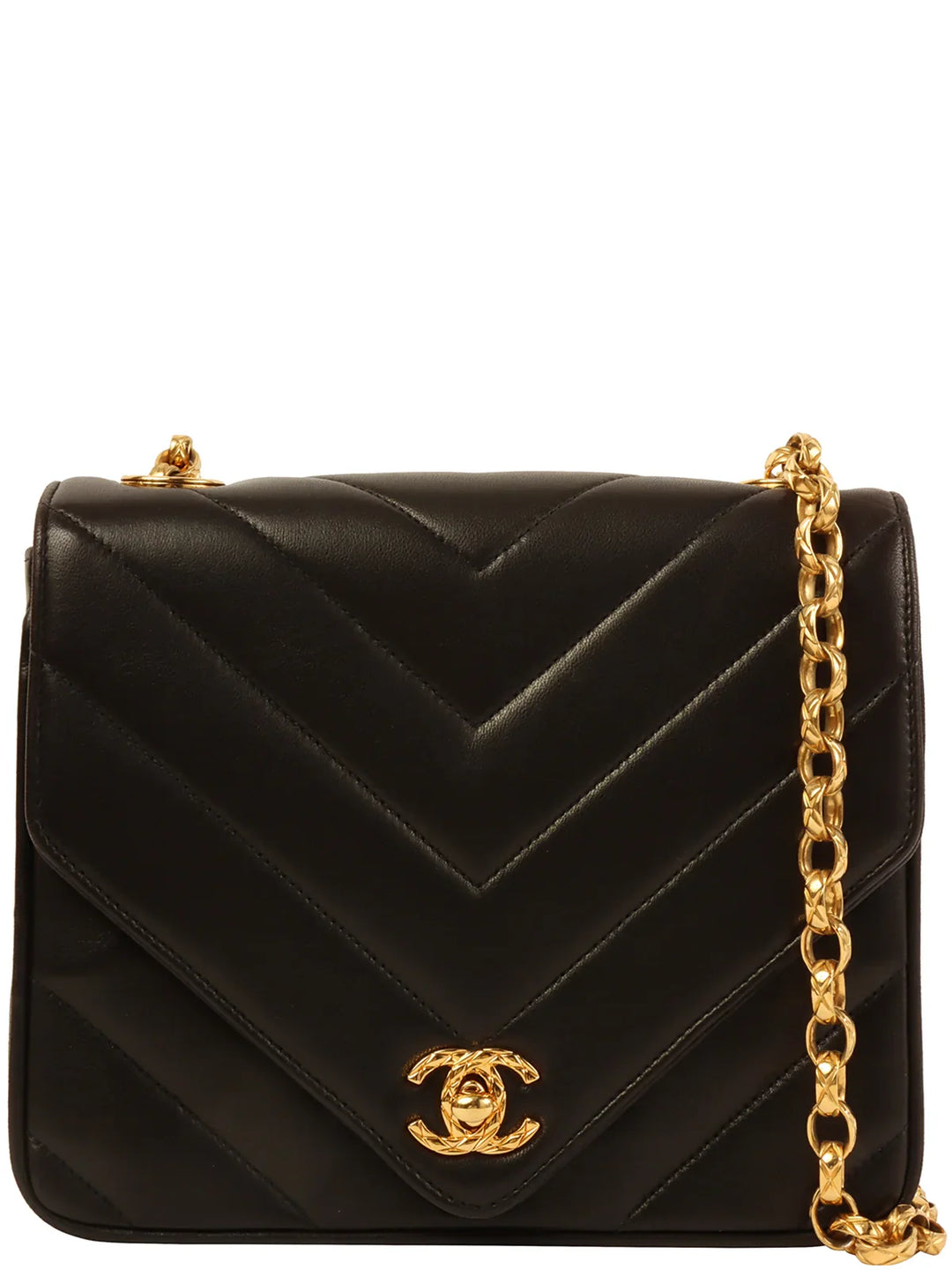 Chanel Around 1992 Made Chevron Turn-Lock Bijoux Chain Bag Black