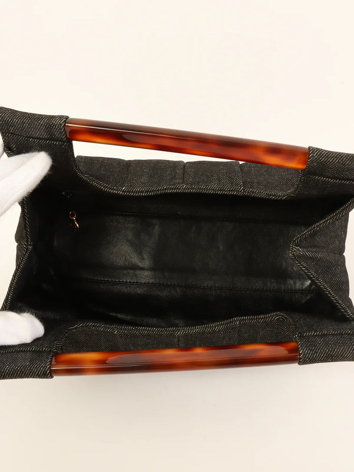 Chanel Around 1998 Made Denim Tortoiseshell Logo Top Handle Bag Black