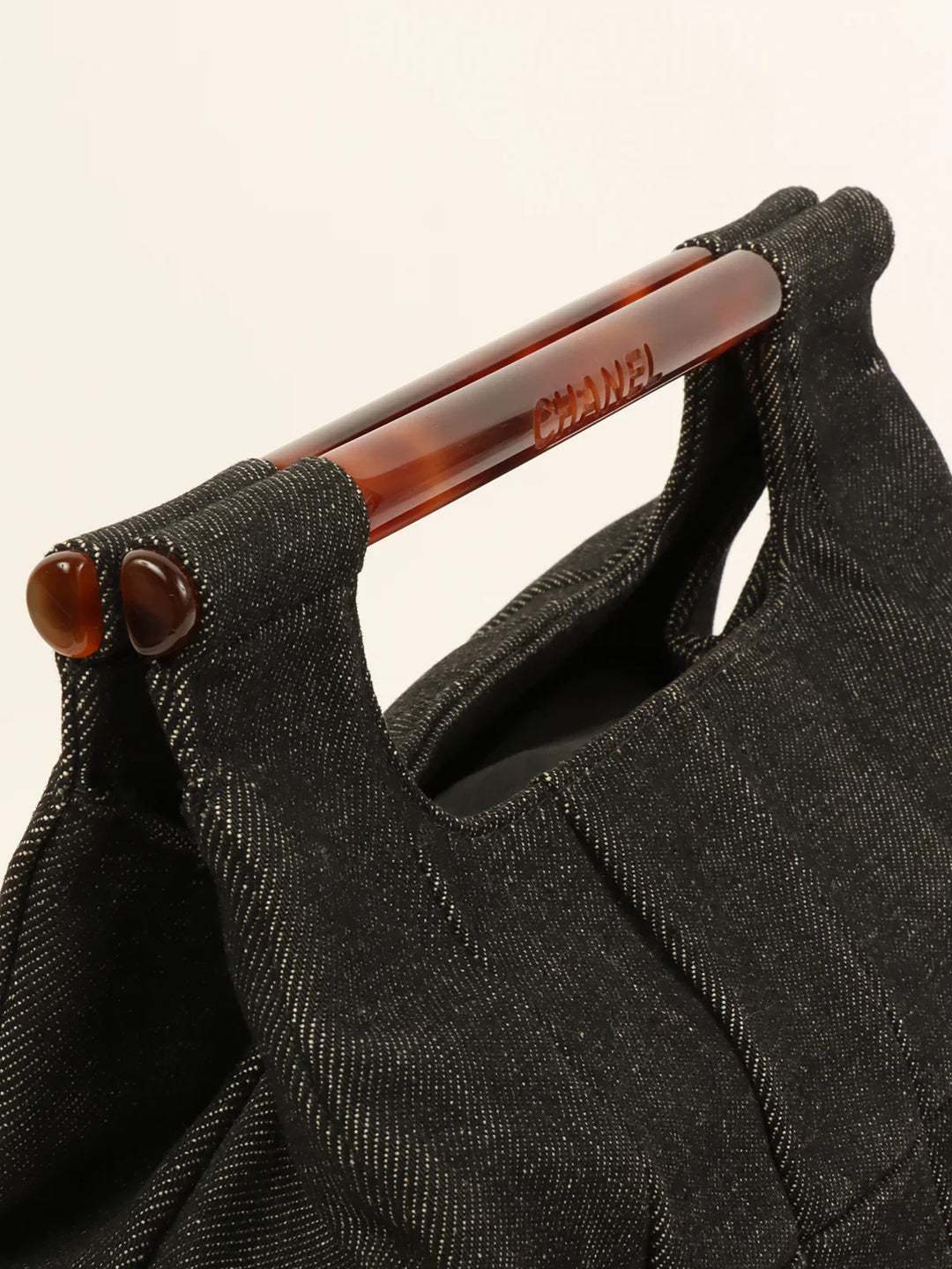 Chanel Around 1998 Made Denim Tortoiseshell Logo Top Handle Bag Black