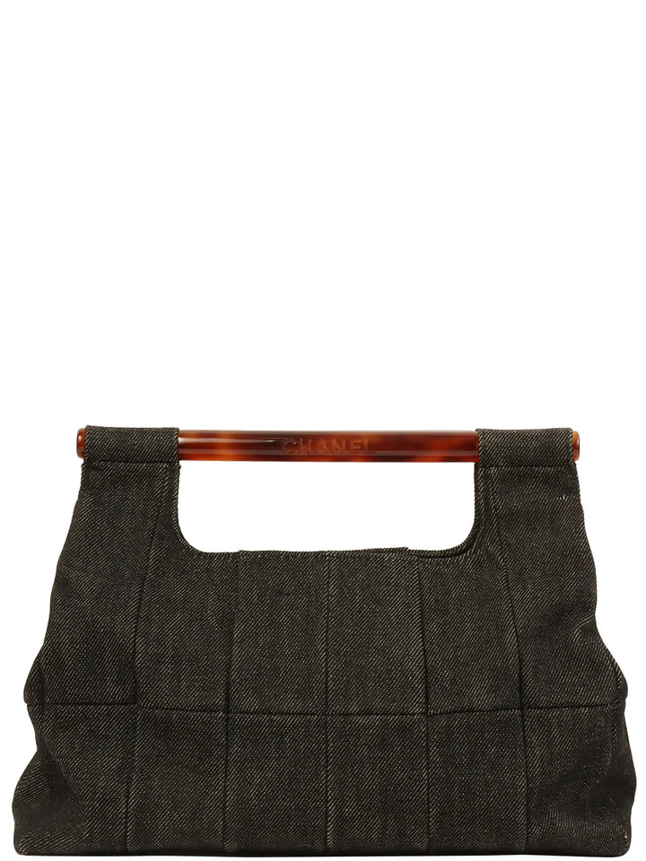 Chanel Around 1998 Made Denim Tortoiseshell Logo Top Handle Bag Black