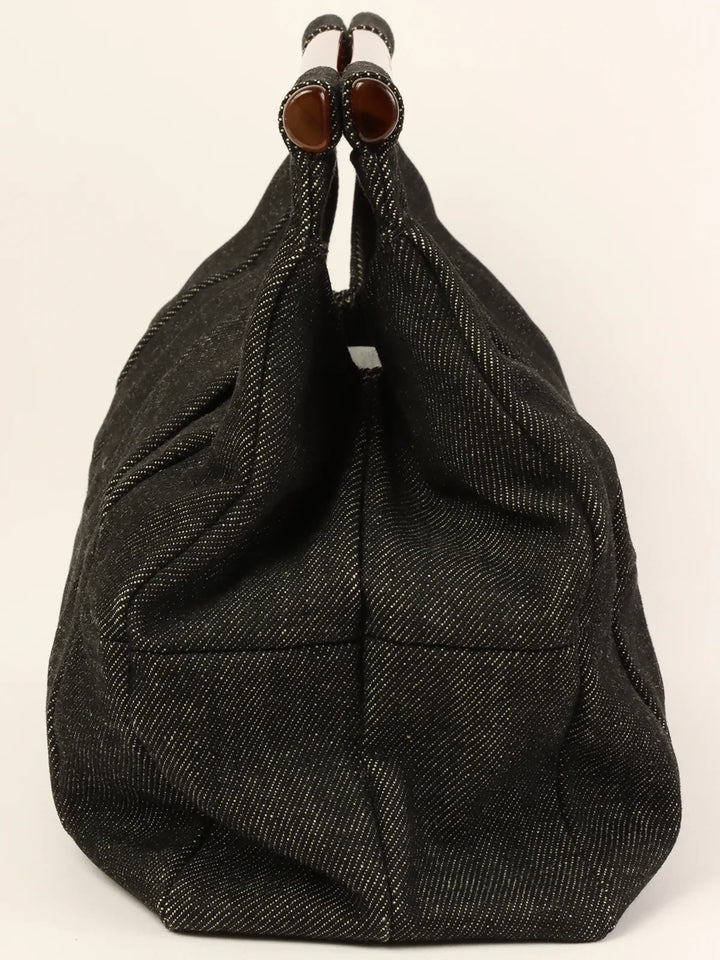 Chanel Around 1998 Made Denim Tortoiseshell Logo Top Handle Bag Black